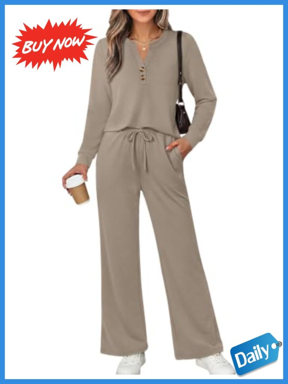Women's 2 Piece Lounge Set V Neck Long Sleeve Top Wide Leg Pants Travel Outfit